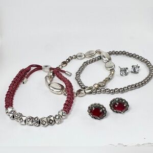 🌸 2/$25 Fossil Red and Silver Tone Vintage Bracelets + 2 Earrings Pairs Lot
